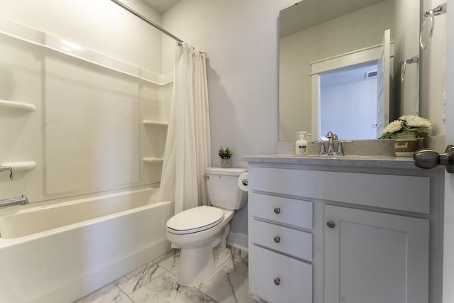 bathroom with marble look tiles, toilet, vanity, and shower / bathtub combination with curtain