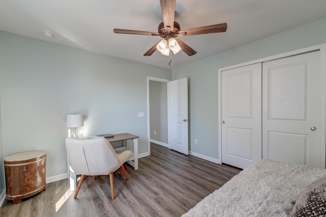 office area featuring ceiling fan and dark wood-type flooring