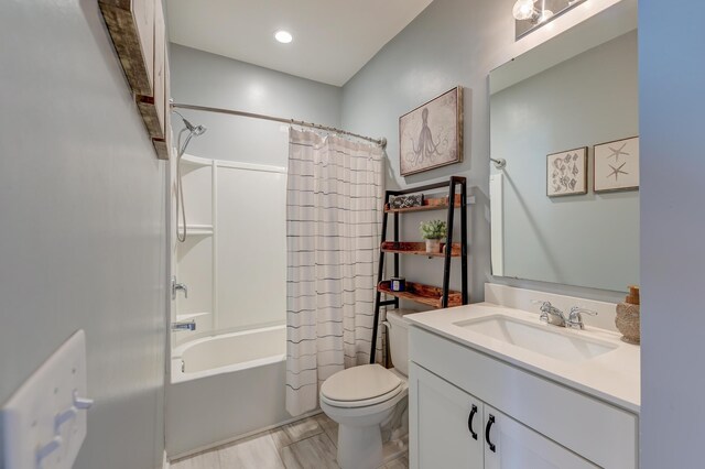 full bathroom with vanity, toilet, and shower / bathtub combination with curtain