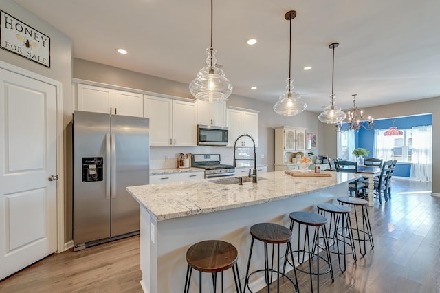 kitchen with white cabinets, sink, a center island with sink, and stainless steel appliances