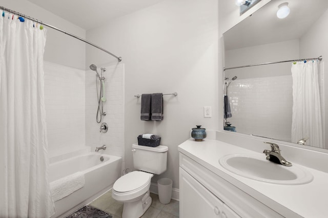 full bathroom featuring shower / tub combo, vanity, tile patterned flooring, and toilet