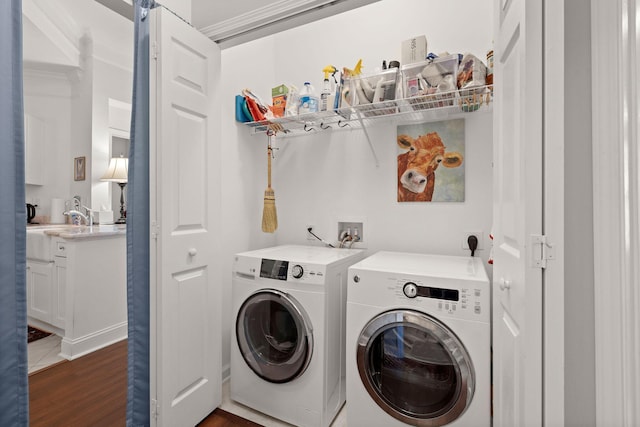 clothes washing area featuring dark wood-type flooring and independent washer and dryer