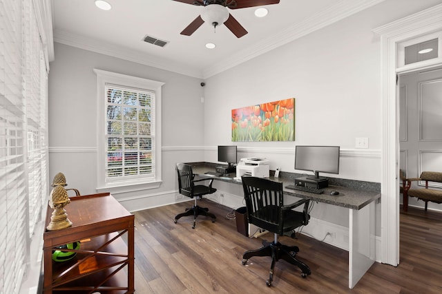 office space featuring hardwood / wood-style floors, crown molding, and ceiling fan