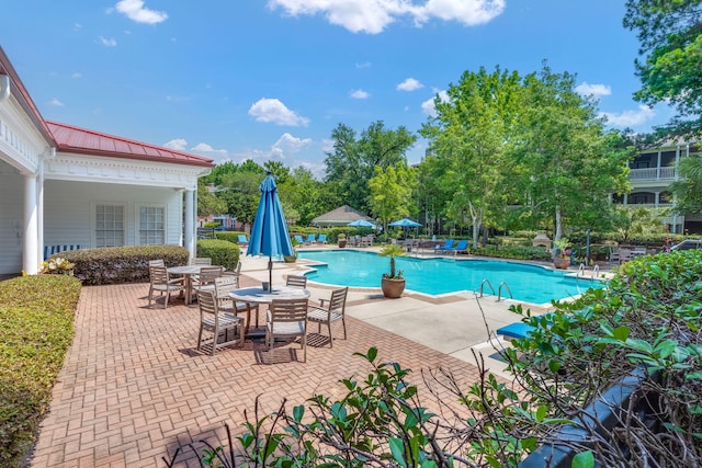 view of swimming pool featuring a patio area