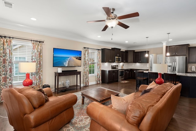 207 Brutus Ln, Summerville, SC 29485 - living area with a ceiling fan, crown molding, dark wood-style flooring, and recessed lighting