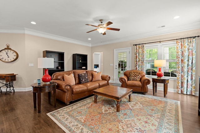 207 Brutus Ln, Summerville, SC 29485 - living area with ceiling fan, ornamental molding, dark wood-style flooring, baseboards, and recessed lighting