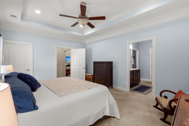 207 Brutus Ln, Summerville, SC 29485 - bedroom featuring crown molding, light carpet, a tray ceiling, ensuite bath, and a ceiling fan