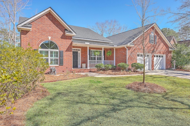 traditional-style home featuring driveway, brick siding, roof with shingles, a porch, and a front yard