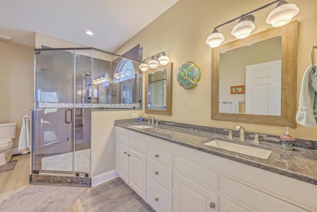 bathroom with a sink, toilet, and a shower stall