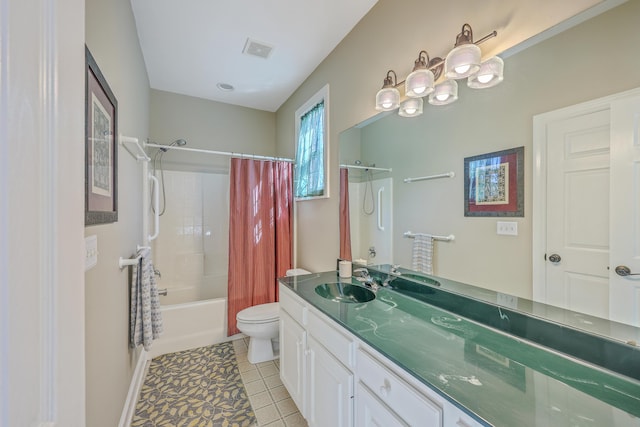 bathroom with shower / bath combo, visible vents, toilet, tile patterned flooring, and vanity