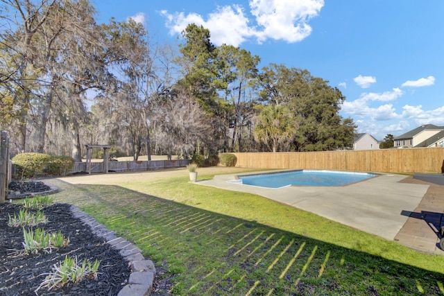 view of swimming pool featuring a fenced in pool, a patio area, a fenced backyard, and a yard