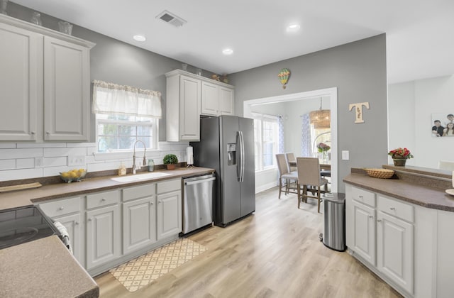 kitchen with stainless steel appliances, visible vents, backsplash, light wood-style flooring, and a sink