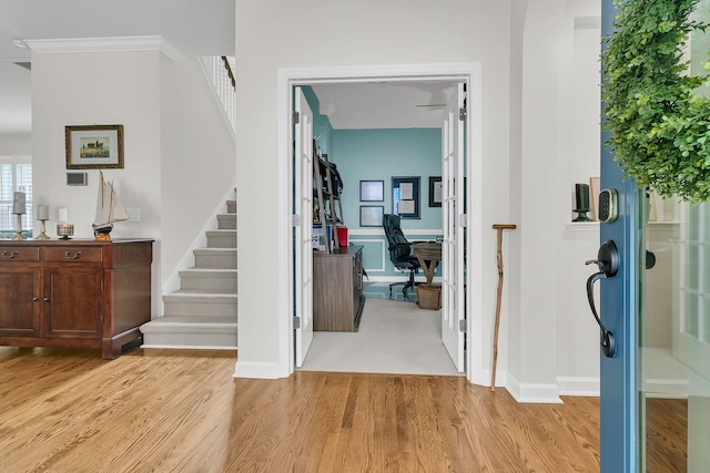 134 Etiwan Park St, Charleston, SC 29492 - foyer entrance with stairway, light wood finished floors, baseboards, and crown molding
