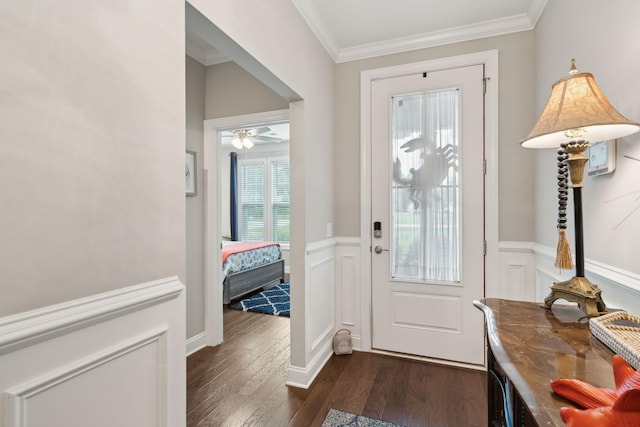 259 Camber Rd, Huger, SC 29450 - entrance foyer with crown molding, dark wood finished floors, wainscoting, a ceiling fan, and a decorative wall