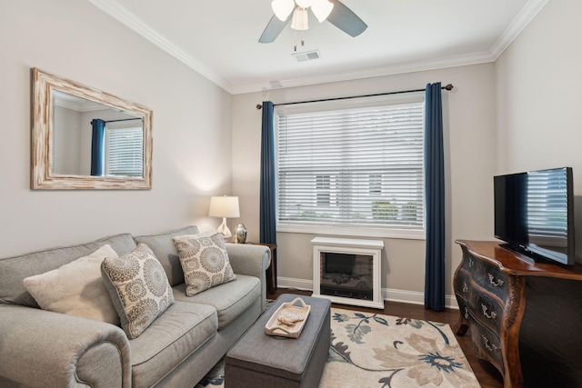 259 Camber Rd, Huger, SC 29450 - living area with a ceiling fan, ornamental molding, wood finished floors, and baseboards