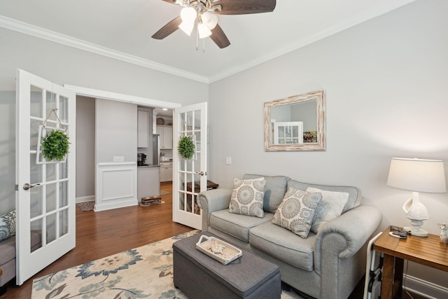 259 Camber Rd, Huger, SC 29450 - living room featuring french doors, ornamental molding, ceiling fan, wood finished floors, and baseboards