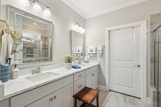 259 Camber Rd, Huger, SC 29450 - full bathroom with crown molding, marble look tiles, double vanity, and a tile shower