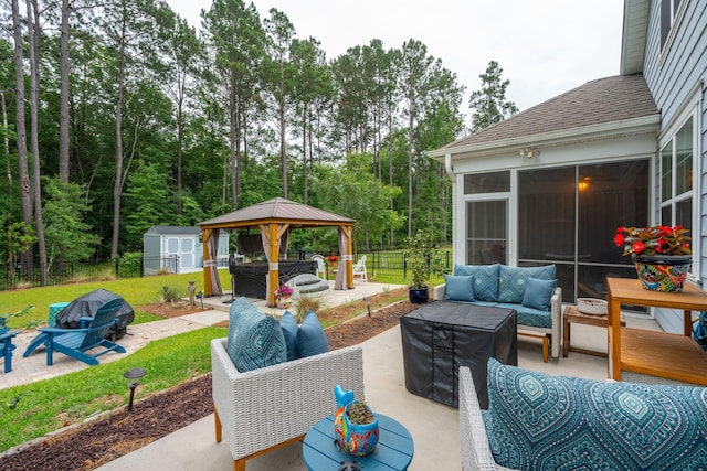 259 Camber Rd, Huger, SC 29450 - view of patio / terrace featuring an outdoor hangout area, a sunroom, a gazebo, and a storage shed