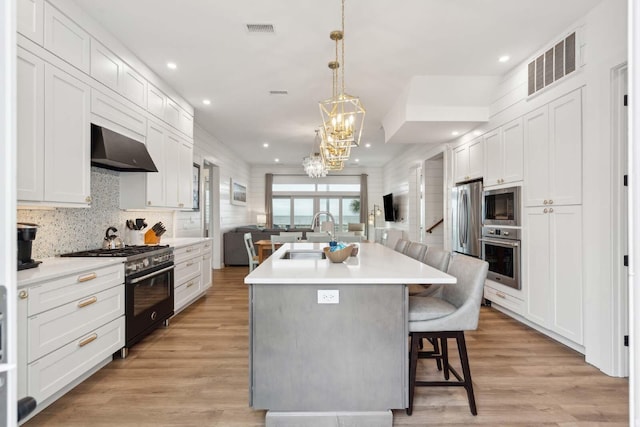 kitchen with stainless steel appliances, visible vents, a sink, and exhaust hood