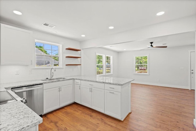 1430 E Montague Ave, North Charleston, SC 29405 - kitchen featuring a sink, stainless steel dishwasher, a peninsula, a ceiling fan, and white cabinets
