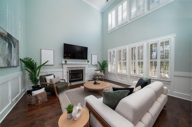 living room with wainscoting, a premium fireplace, dark wood-style flooring, crown molding, and a decorative wall