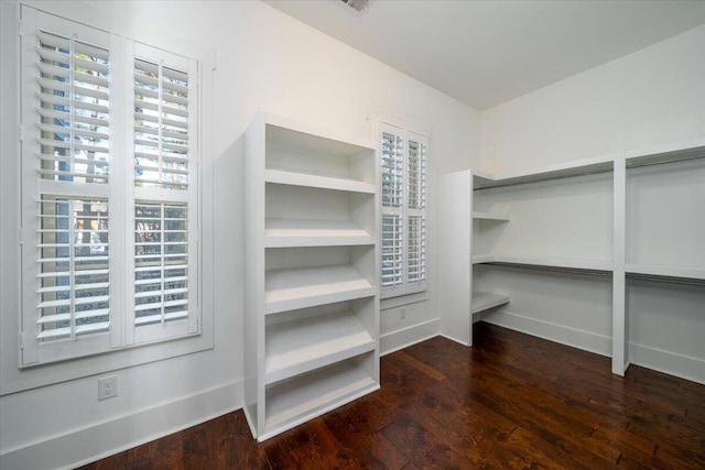 walk in closet featuring dark wood-style floors