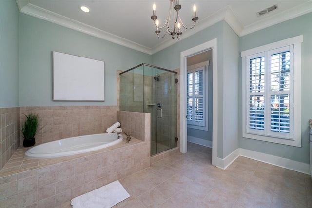 bathroom featuring baseboards, visible vents, ornamental molding, a shower stall, and a notable chandelier