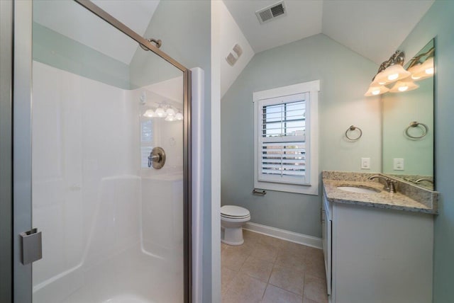 full bath featuring vanity, visible vents, vaulted ceiling, tile patterned floors, and a stall shower