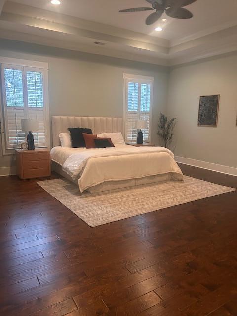 bedroom featuring baseboards, multiple windows, a tray ceiling, and dark wood finished floors