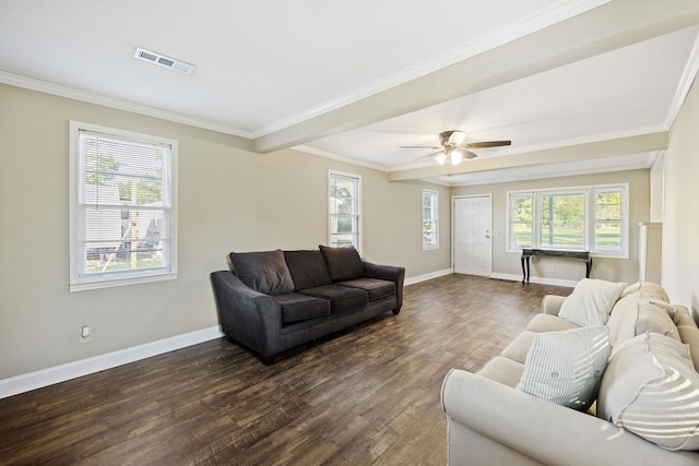 living room with dark wood-style floors, baseboards, ornamental molding, and ceiling fan