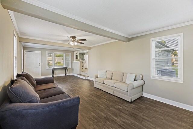 living area featuring dark wood-style floors, baseboards, crown molding, and ceiling fan