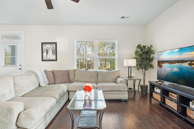 living room featuring ceiling fan and dark hardwood / wood-style floors