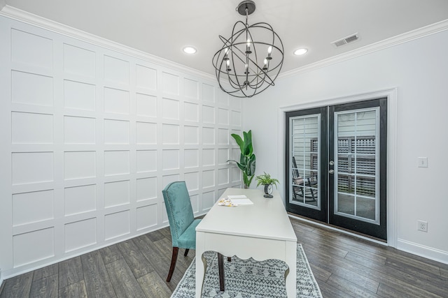 home office featuring crown molding, baseboards, visible vents, and dark wood-style flooring