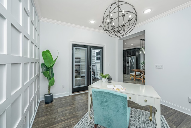 office featuring dark wood finished floors, crown molding, and french doors