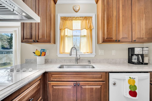 kitchen featuring custom range hood, dishwasher, light stone countertops, crown molding, and sink