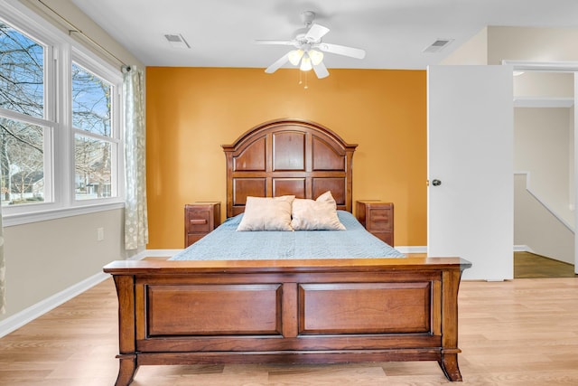 bedroom featuring ceiling fan and light wood-type flooring