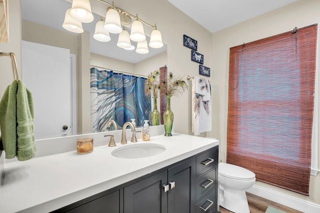 bathroom with hardwood / wood-style floors, toilet, and vanity