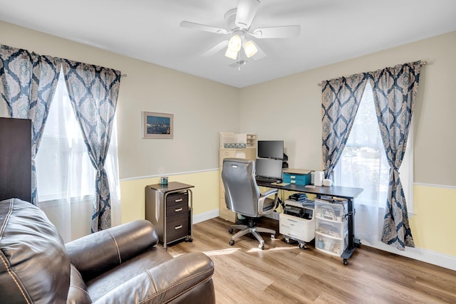 office space featuring ceiling fan and light hardwood / wood-style floors