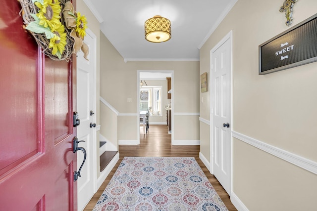 foyer entrance featuring french doors, dark hardwood / wood-style flooring, and crown molding