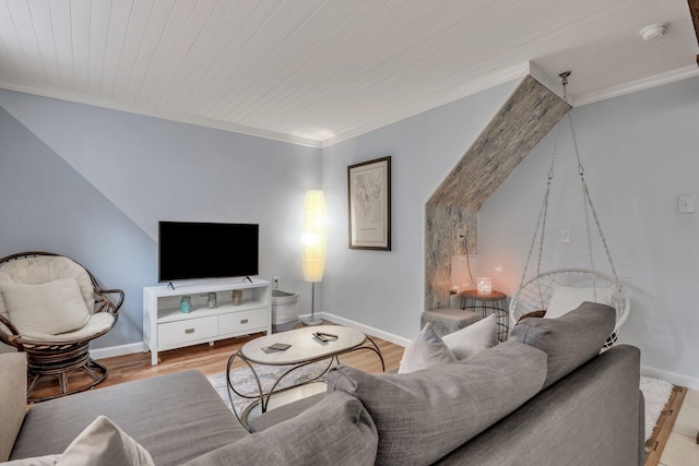 living room featuring light hardwood / wood-style floors, crown molding, and wooden ceiling