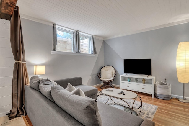 living room with crown molding, wooden ceiling, and light hardwood / wood-style floors