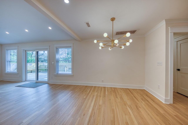 unfurnished dining area with light wood finished floors, visible vents, baseboards, and an inviting chandelier