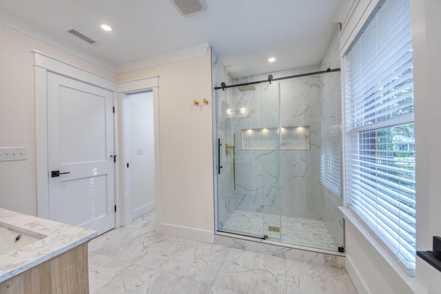 bathroom with a marble finish shower, visible vents, baseboards, and marble finish floor