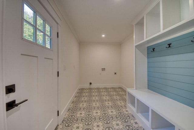 mudroom featuring light tile patterned flooring, recessed lighting, baseboards, and ornamental molding