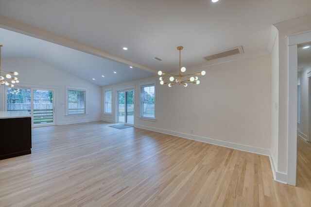 interior space with a chandelier, visible vents, baseboards, and light wood-style floors