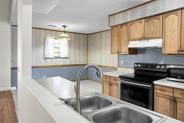 kitchen featuring light hardwood / wood-style flooring, pendant lighting, a textured ceiling, appliances with stainless steel finishes, and ornamental molding