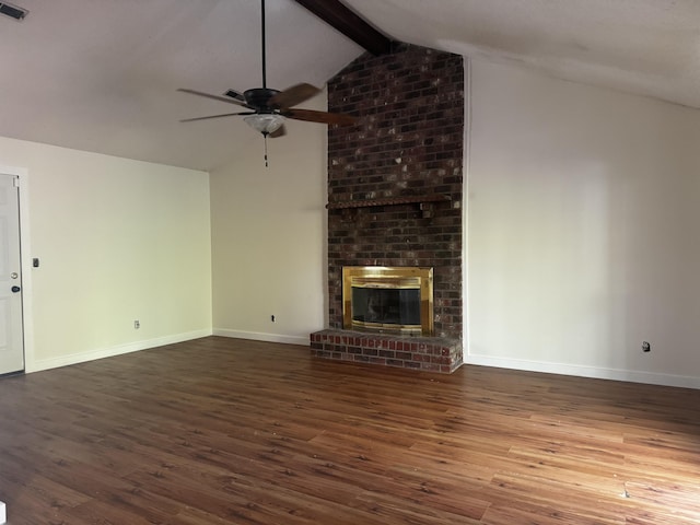 unfurnished living room with lofted ceiling with beams and dark hardwood / wood-style floors