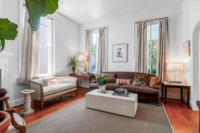 living area with hardwood / wood-style floors