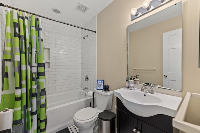 full bath with toilet, vanity, visible vents, and shower / bathtub combination with curtain