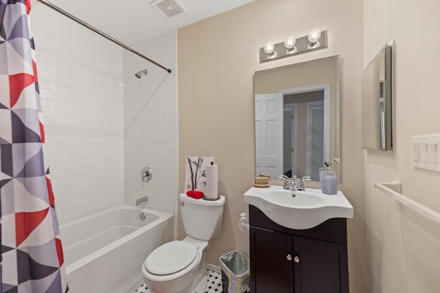 bathroom with toilet, vanity, visible vents, and shower / bathtub combination with curtain